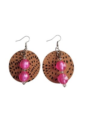 (4)Handmade Pink Bead Cork Drop Earrings